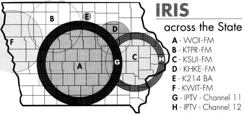 Map of Coverage of Radio stations by county. Click here for larger color image. 92K