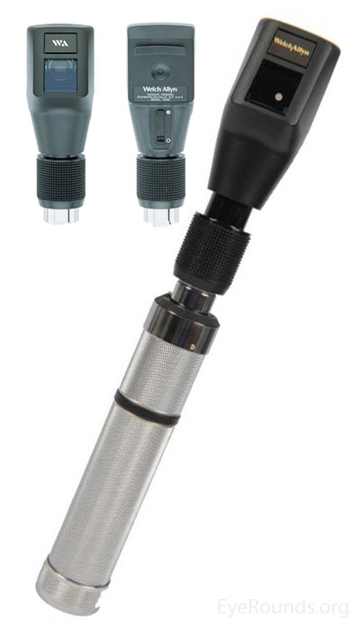 Figure 1: Welch Allyn retinoscope. Leaving the sleeve down on this retinoscope (and other non-Copeland retinoscopes) provides the plane mirror effect. 