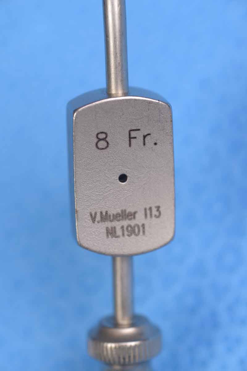 This is a thin instrument used for the removal of fluid or debris from confined surgical spaces. Suction is controlled by a small opening on the handle and there are multiple tip sizes available. The size of the suction tube is indicated by the French measurement scale (three times the diameter in millimeters).  The suction tube also has a thin wire (stylet) that can be placed into the tube to remove tissue that may become trapped during suctioning. The Frazier Suction Tip is used during cases where heme may obscure the surgical field such as during dacryocystorhinostomy or orbital fracture repair.