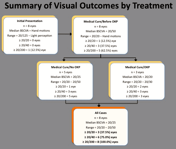  Résultats visuels vs intervention thérapeutique initiale pour la kératite à Pseudomonas liée aux lentilles de contact et interventions chirurgicales ultérieures 